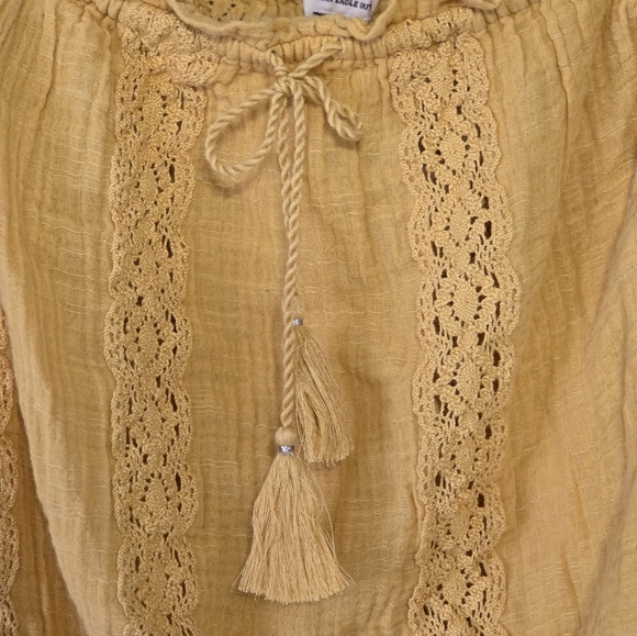 NWT American Eagle XL Mustard Yellow Lace Boho Smocked Crop Top Cottagecore - Picture 6 of 11